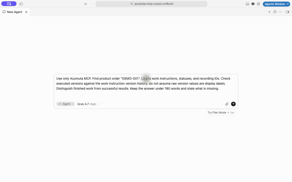 Cursor ruft DEMO-001 ab und verwendet eine Nachfolgefrage, um die ausgewählte Version von der abgeschlossenen Ausführung zu unterscheiden