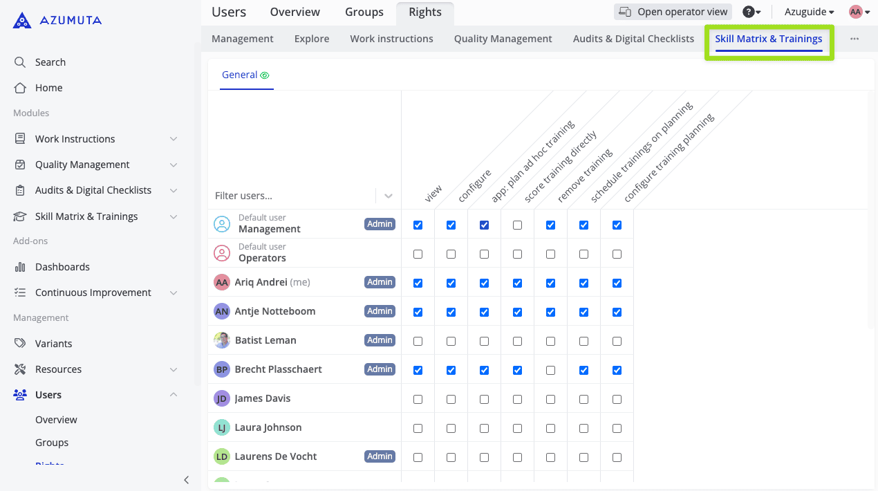 docs user rights skill matrix trainings