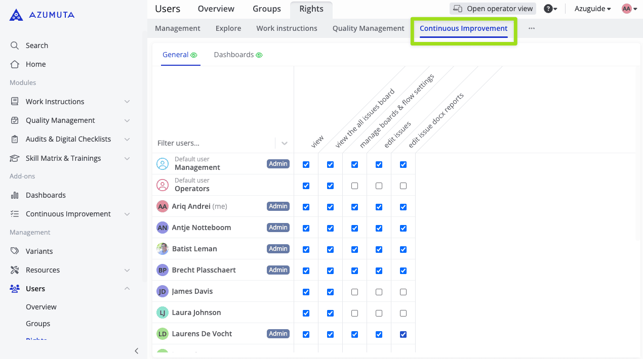 docs user rights the continuous improvement tab 1