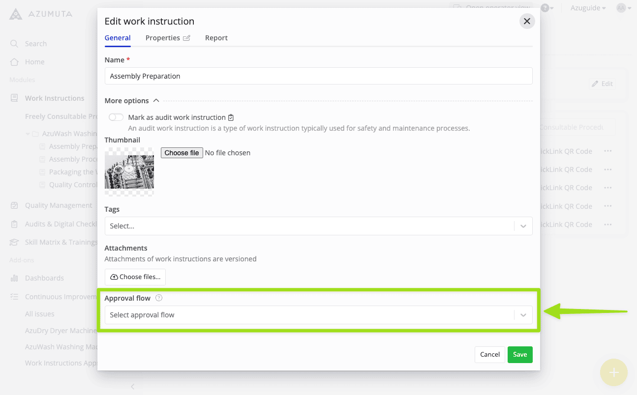 Azumuta-interface die het venster 'Edit work instruction' toont met de dropdown 'Approval flow' gemarkeerd. Gebruikers kunnen een goedkeuringsproces voor werkinstructies selecteren. De interface bevat opties voor naam, miniatuur, tags en bijlagen in de werkinstructie-instellingen.