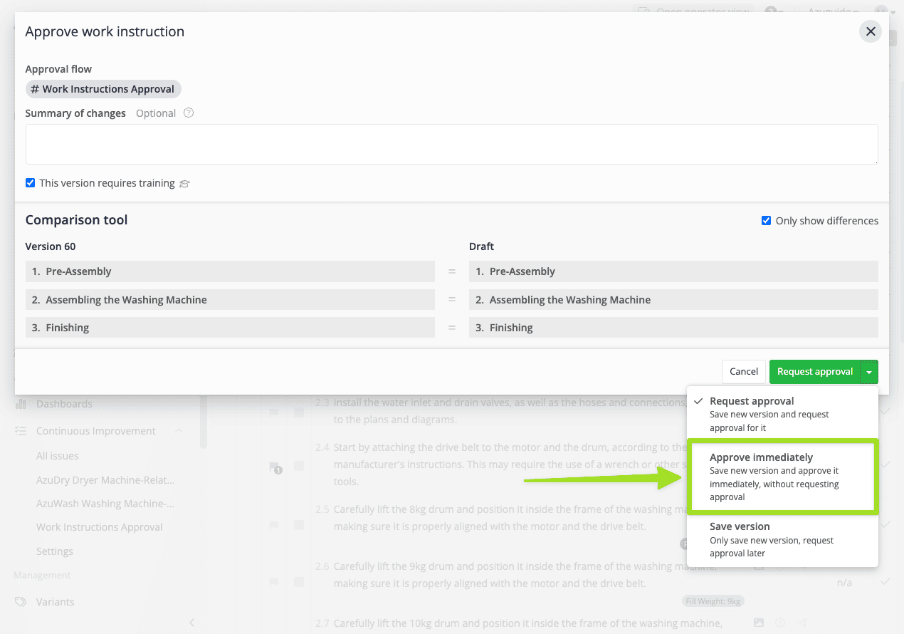 Azumuta-interface die het venster 'Approve work instruction' toont met de optie 'Approve immediately' gemarkeerd. Gebruikers kunnen concept- en versie-instructies vergelijken, approval flows selecteren en kiezen tussen goedkeuring aanvragen, direct goedkeuren of een versie opslaan zonder goedkeuring.