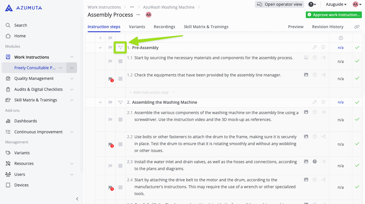 Azumuta werkinstructies-interface die een assemblageproces toont met gestructureerde instructiestappen. Het uitklap-/inklappictogram voor de stap 'Pre-Assembly' is gemarkeerd, zodat gebruikers sub-stappen efficiënt kunnen beheren. Het linker paneel bevat navigatie voor Work Instructions, Quality Management, Audits en Skill Matrix & Training modules.
