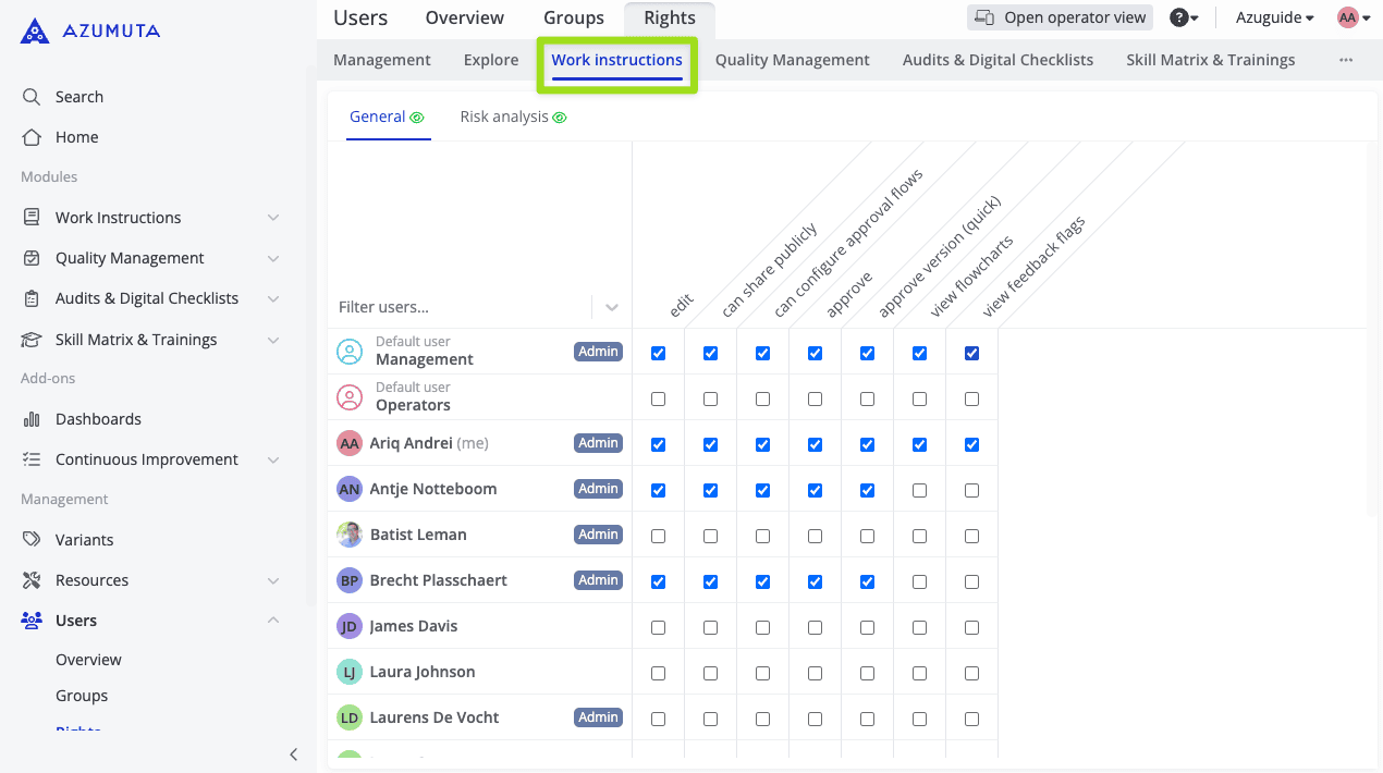 Azumuta gebruikersrechtenbeheerinterface die het tabblad 'Work Instructions' toont. Gebruikers en hun rechten, zoals bewerken, goedkeuring en versiebeheer, worden in een gestructureerde tabel weergegeven. Het navigatiemenu links bevat modules zoals Work Instructions, Quality Management en Audits & Digital Checklists.