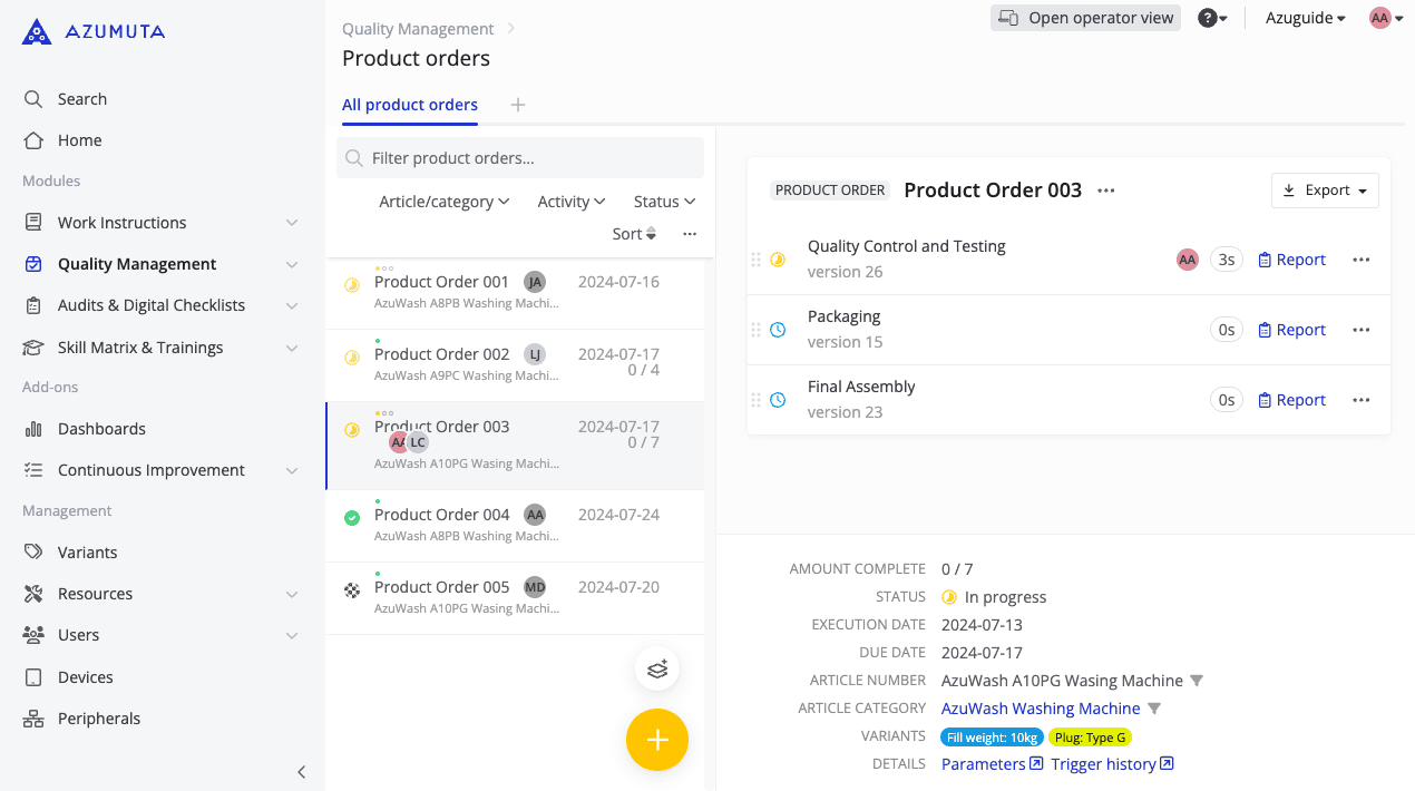Un tableau de bord de gestion de projet pour les ordres de production d'Azumuta est affiché. La mise en page inclut des sections telles que Gestion de la qualité, Instructions de travail, Tableaux de bord, et plus. Le panneau principal liste les ordres de production avec leurs détails, tandis que le panneau de droite affiche les spécificités pour « Ordre de production 003 ».