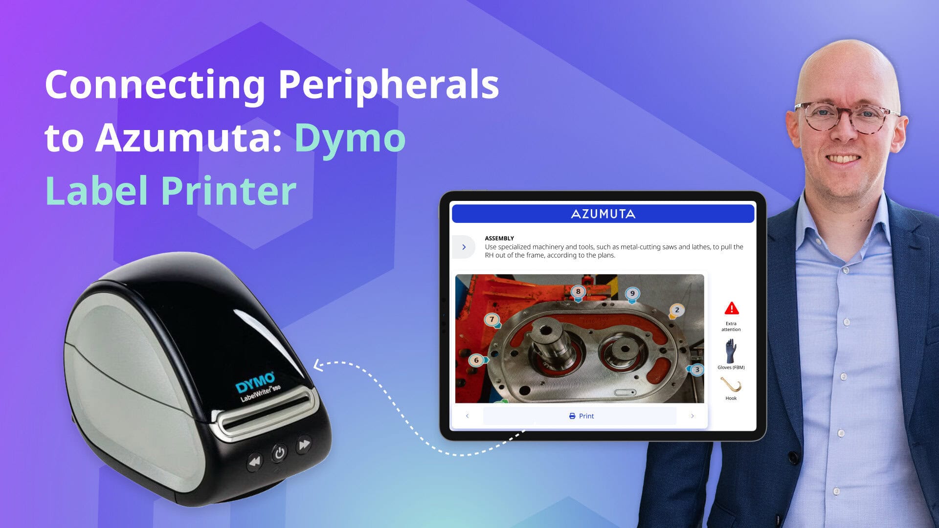 Videominiatuur met een Azumuta-dashboard, een DYMO-printer en de CEO van Azumuta die laat zien hoe randapparaten aan te sluiten