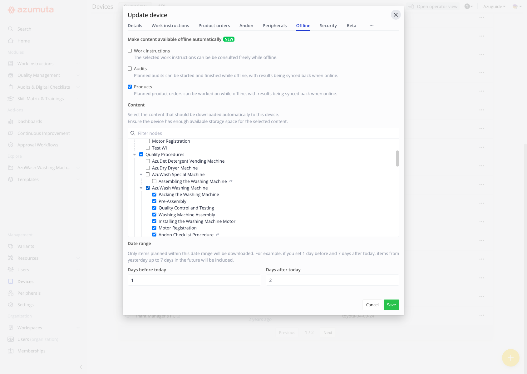 Het apparaat Offline-tabblad, met Products aangevinkt voor automatische offline-beschikbaarheid en een contentselectie.