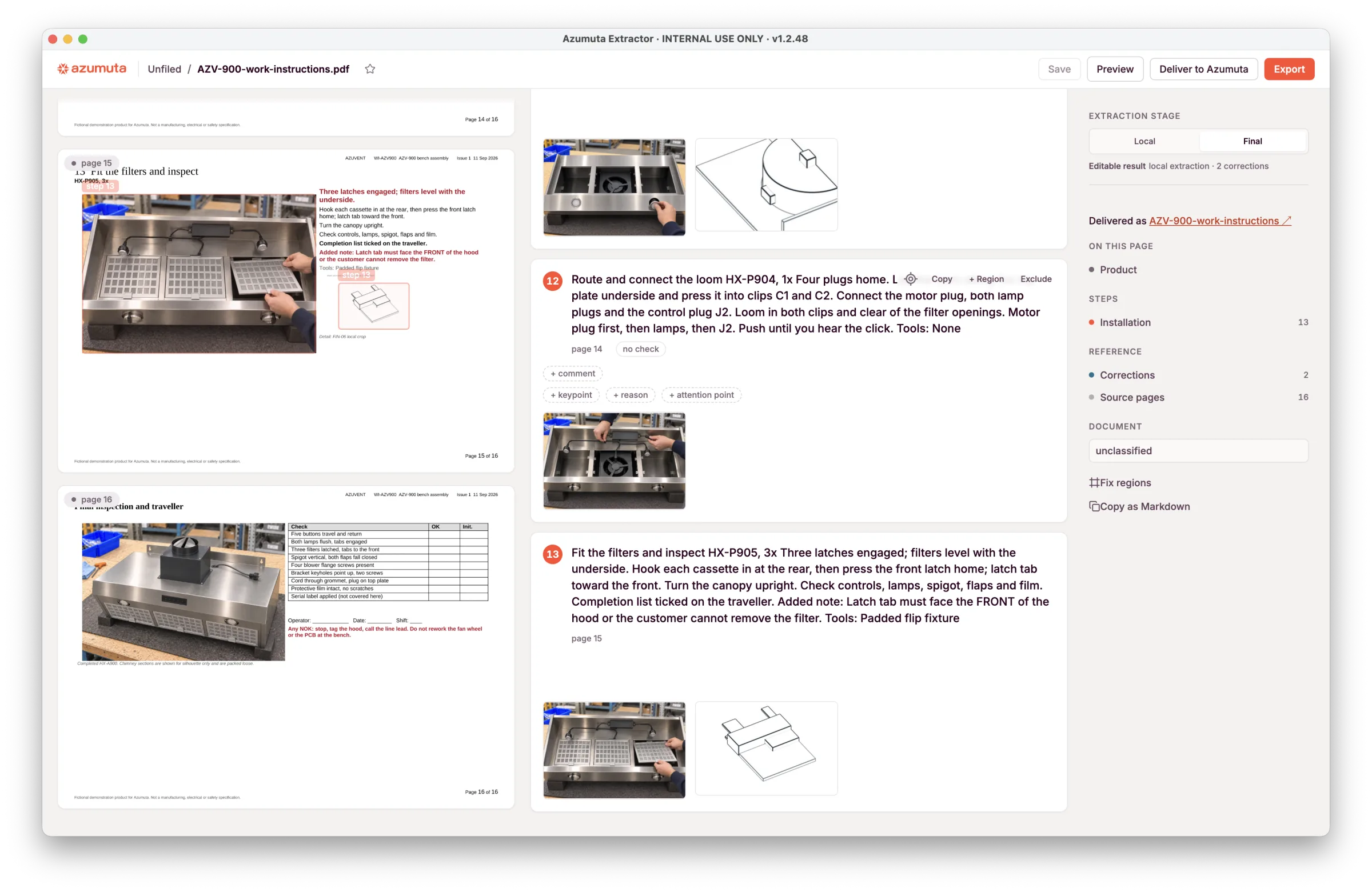 Document Extractor review: source pages beside the extracted steps, with photos and the step text still attached.