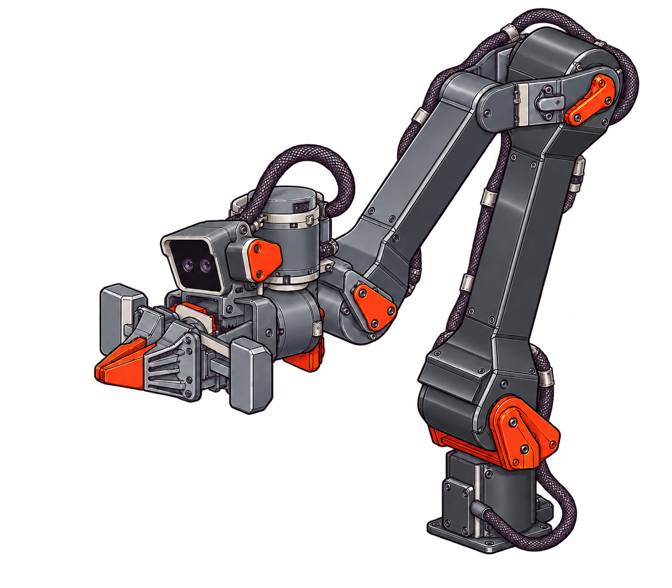 Graphite Trossen robot arm with orange joint covers, a two-lens camera and braided cables