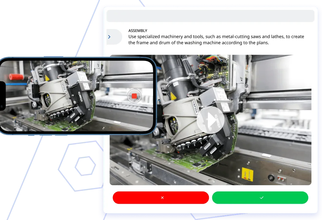 An assembly step in Azumuta with a video of the job and pass or fail buttons.