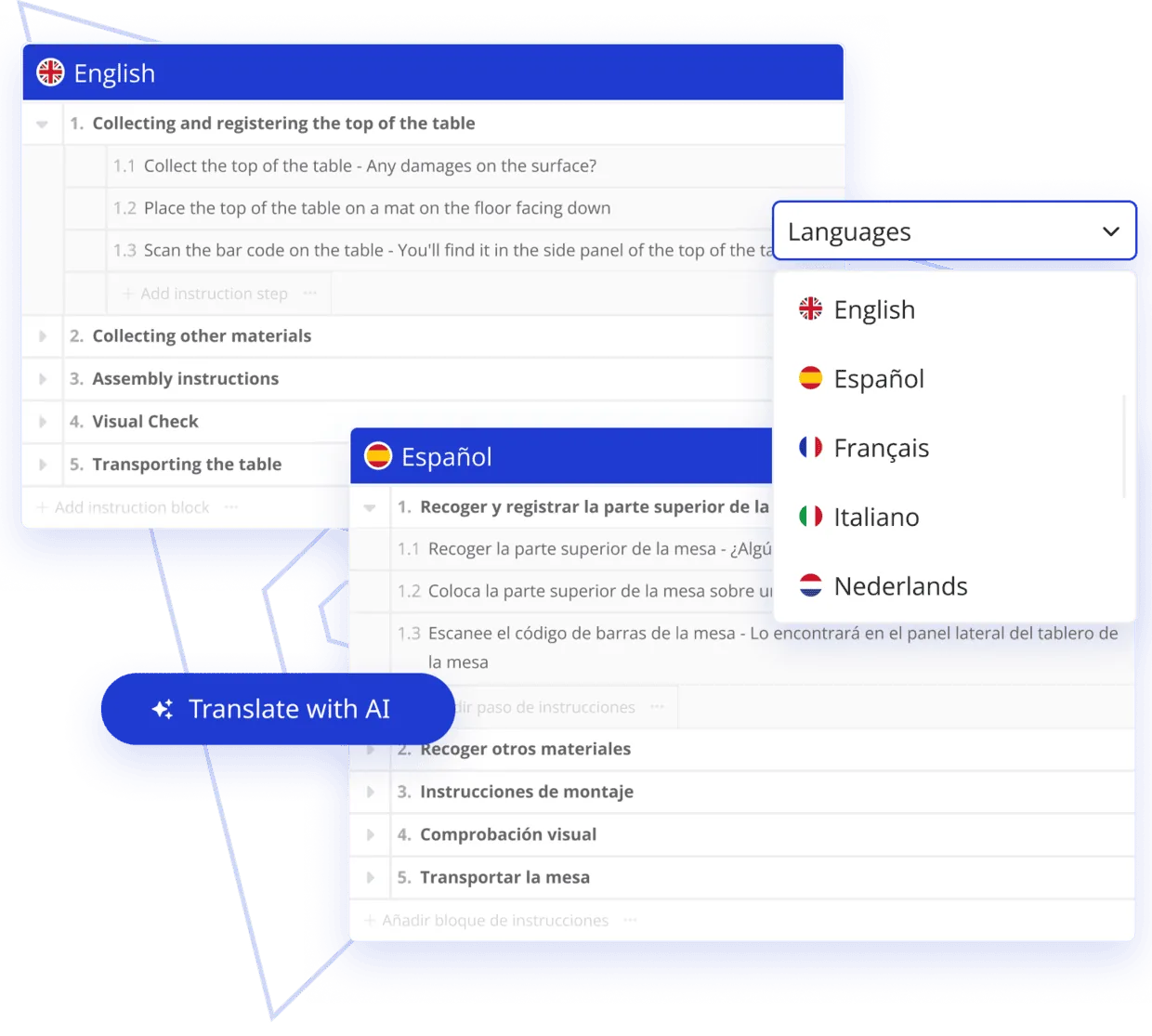 The same work instruction in English and Spanish, with a language list and a translate action.