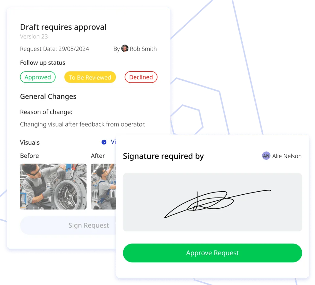 Azumuta approval request showing the reason for change, before and after photos, and a signature.