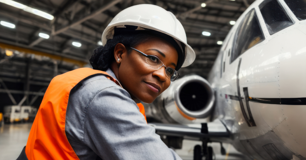 Digital portrait of a senior successful confident professional female Aerospace engineer is assembling an aircraft engine in a Plane assembly line - lean manufacturing ROI azumuta