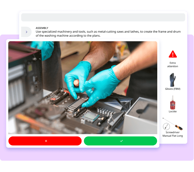 An instructional image showing a person wearing blue gloves assembling electronic components on a motherboard. Beside the image, a checklist includes items such as 