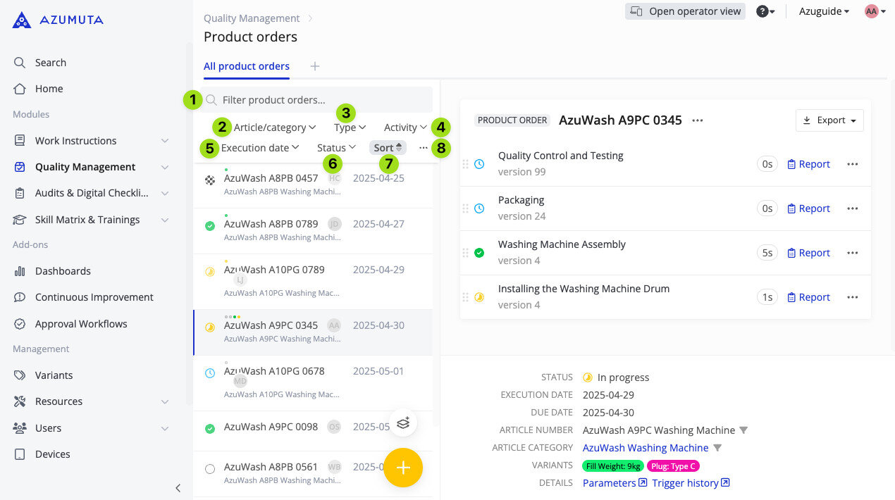 Screenshot of the Azumuta Product Orders interface highlighting filtering, sorting, and searching functionalities. Numbered indicators show key UI elements, including the search bar, filters for article/category, type, activity, execution date, status, sorting options, and order details. The selected product order displays tasks with execution times and reporting options.