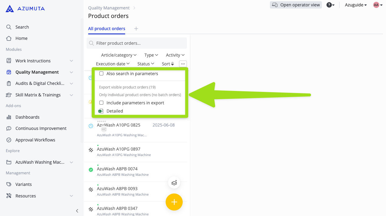 Azumuta Product Orders screen showing filtering and export options, with a highlighted dropdown menu allowing users to search in parameters, export individual product orders, and include parameters in export for detailed quality management reporting.