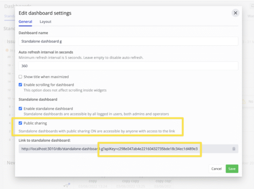 Dashboard settings window showing options to configure a standalone dashboard. Fields include dashboard name, auto-refresh interval, and scrolling. Checkboxes allow enabling standalone dashboards and public sharing (highlighted), with a generated link displayed below. Save and cancel buttons are at the bottom.