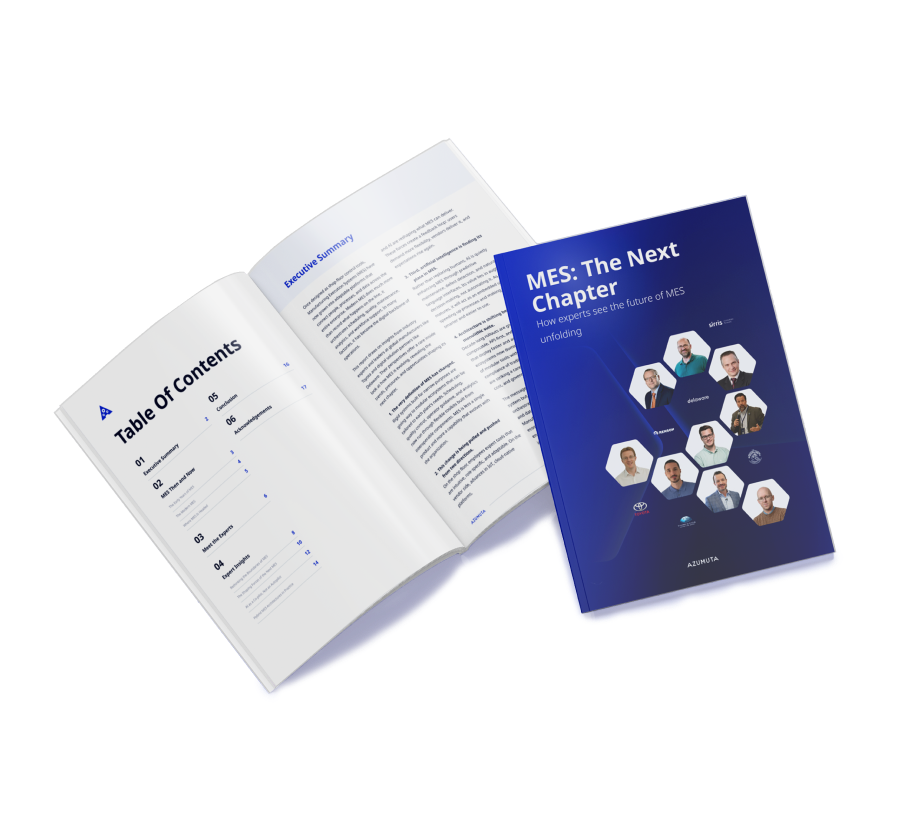 Image of Azumuta’s report “MES: The Next Chapter”. The cover is dark blue and features photos of multiple industry experts arranged in hexagonal frames. The subtitle reads “How experts see the future of MES unfolding.” Next to it lies an open version of the book showing the Table of Contents on the left page and an Executive Summary on the right. The design is sleek and professional, emphasizing thought leadership in manufacturing execution systems (MES).