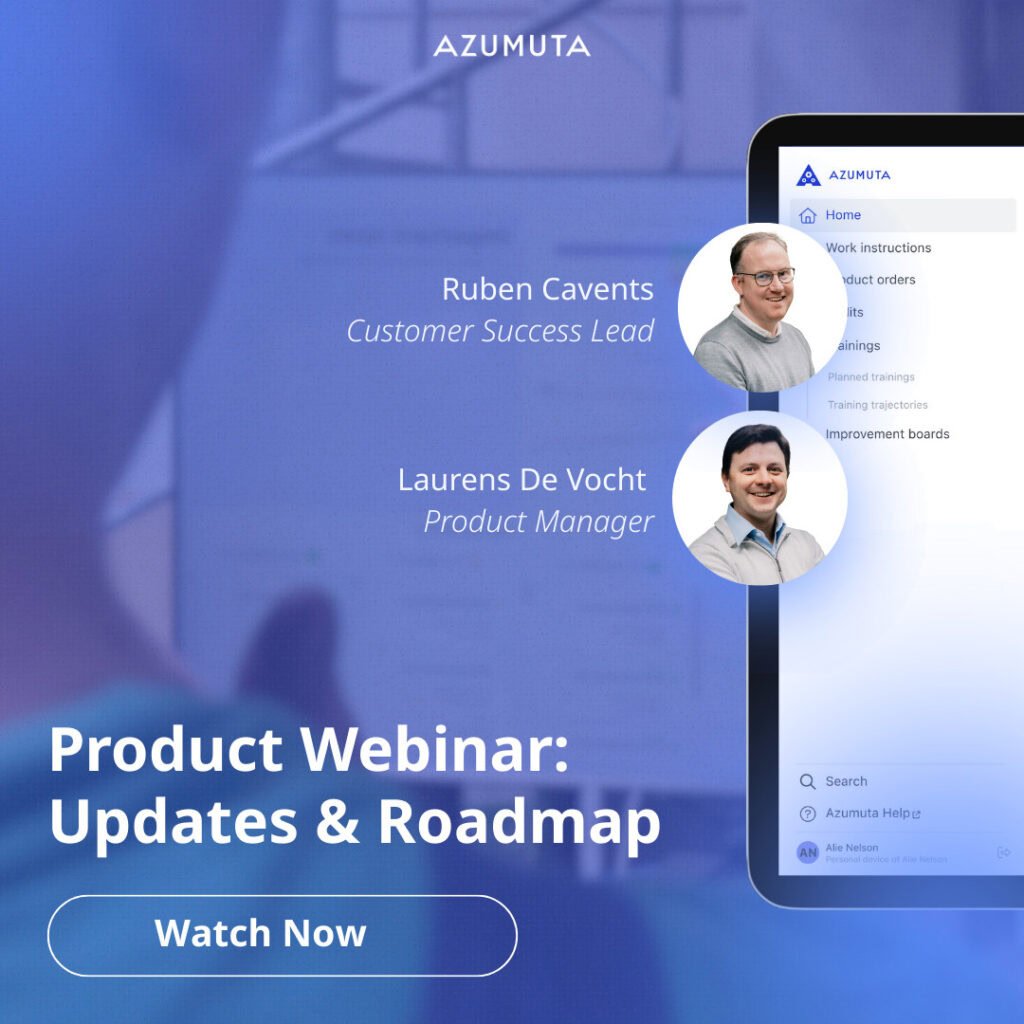 Graphic promoting the Azumuta Product Webinar: Updates & Roadmap. It features photos of Ruben Cavents, Customer Success Lead, and Laurens De Vocht, Product Manager. The right side shows part of the Azumuta interface on a tablet. A button at the bottom reads ‘Watch Now.’ The background includes a blurred production environment.