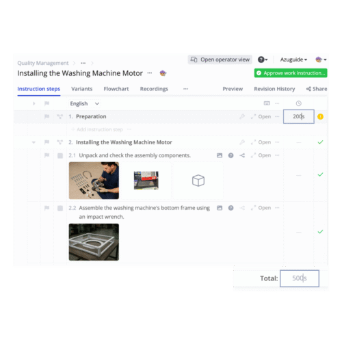 Screenshot of a work instruction editor for “Installing the Washing Machine Motor” in a quality management system. The Instruction steps tab is active, showing steps like unpacking components and assembling the bottom frame, each with images and icons. Time estimates appear on the right—one step set to 20 seconds, with a calculated Total: 50 seconds displayed at the bottom. Green check marks indicate completed or validated steps.