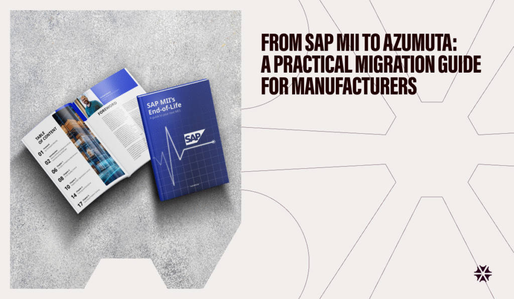 From SAP MII to Aumuta: A practical migration guide for manufacturers. It features an open ebook on the cover.