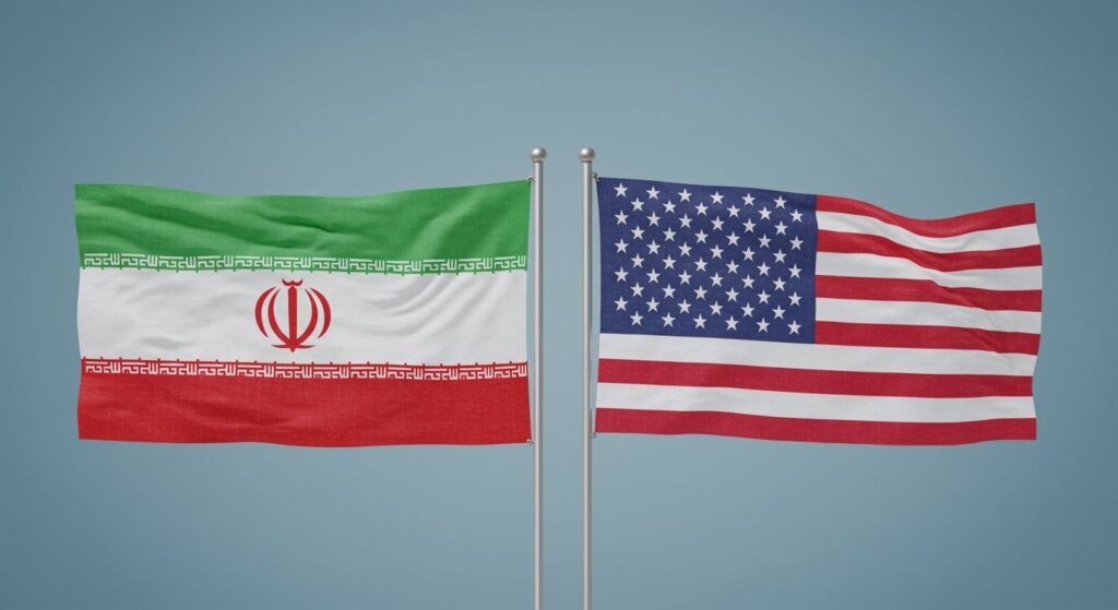 Iranian and American flags symbolizing geopolitical tensions impacting manufacturing and supply chains, related to Azumuta.com products and services.