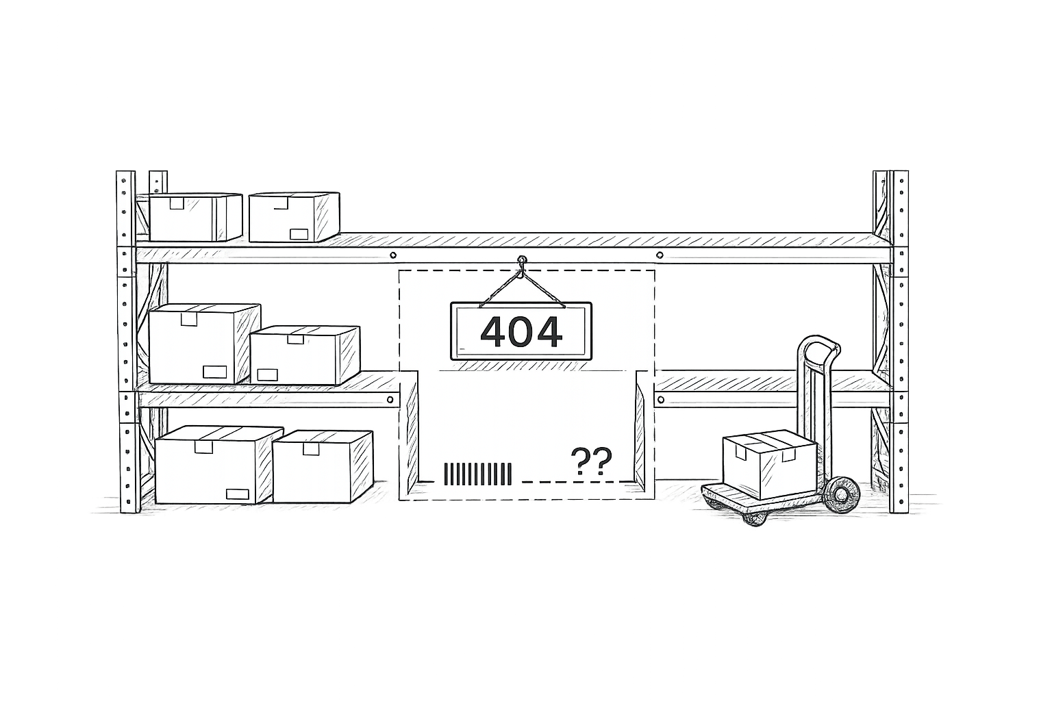 Handgezeichnete Illustration von Lagerregalen mit einem 404-Schild an der Stelle einer fehlenden Kiste