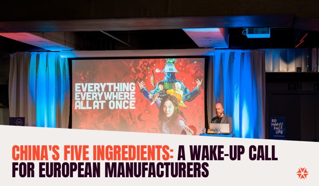 An image of a presentation at a conference with a large screen displaying "Everything Everywhere All at Once" and a speaker at a podium, related to product and service solutions by Azumuta.com.