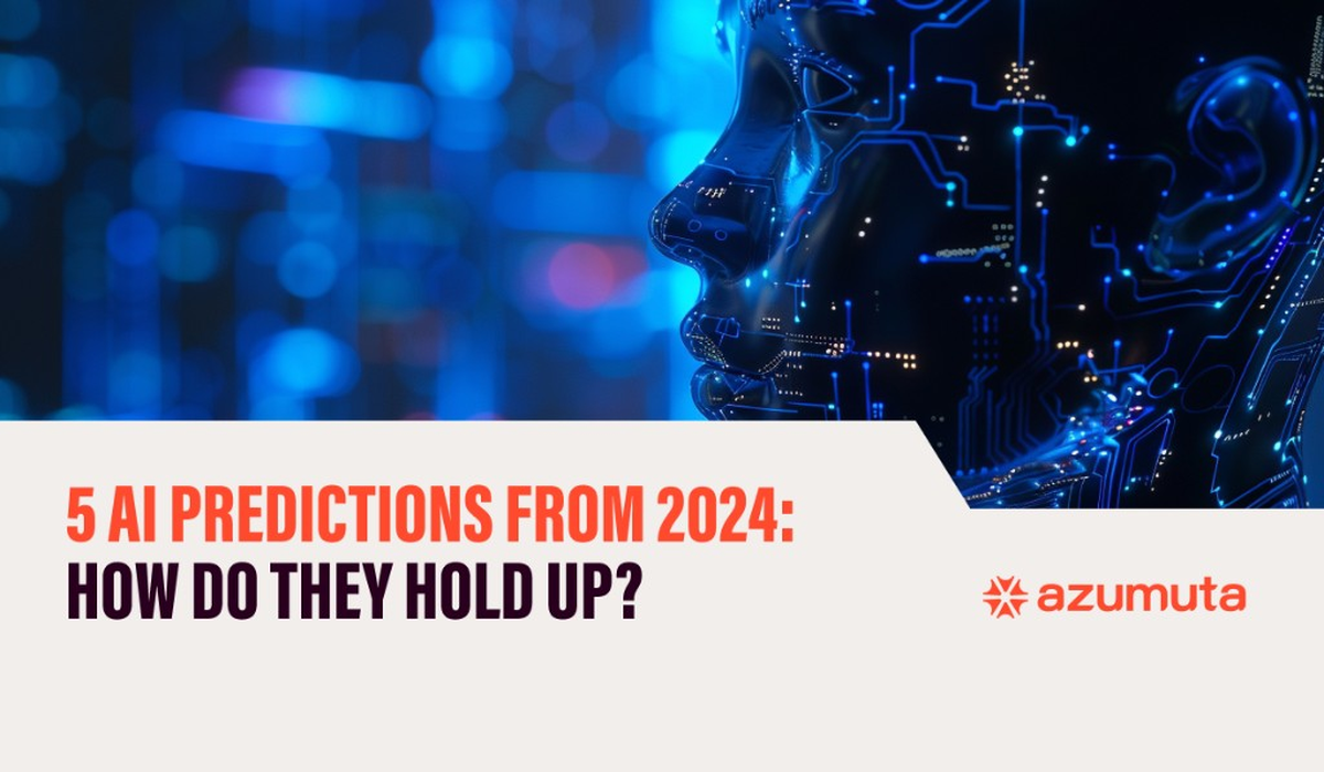 Blogheader van Azumuta met de titel «5 AI-voorspellingen uit 2024: hoe houden ze stand?» met een futuristisch androidprofiel en blauw oplichtende circuits.